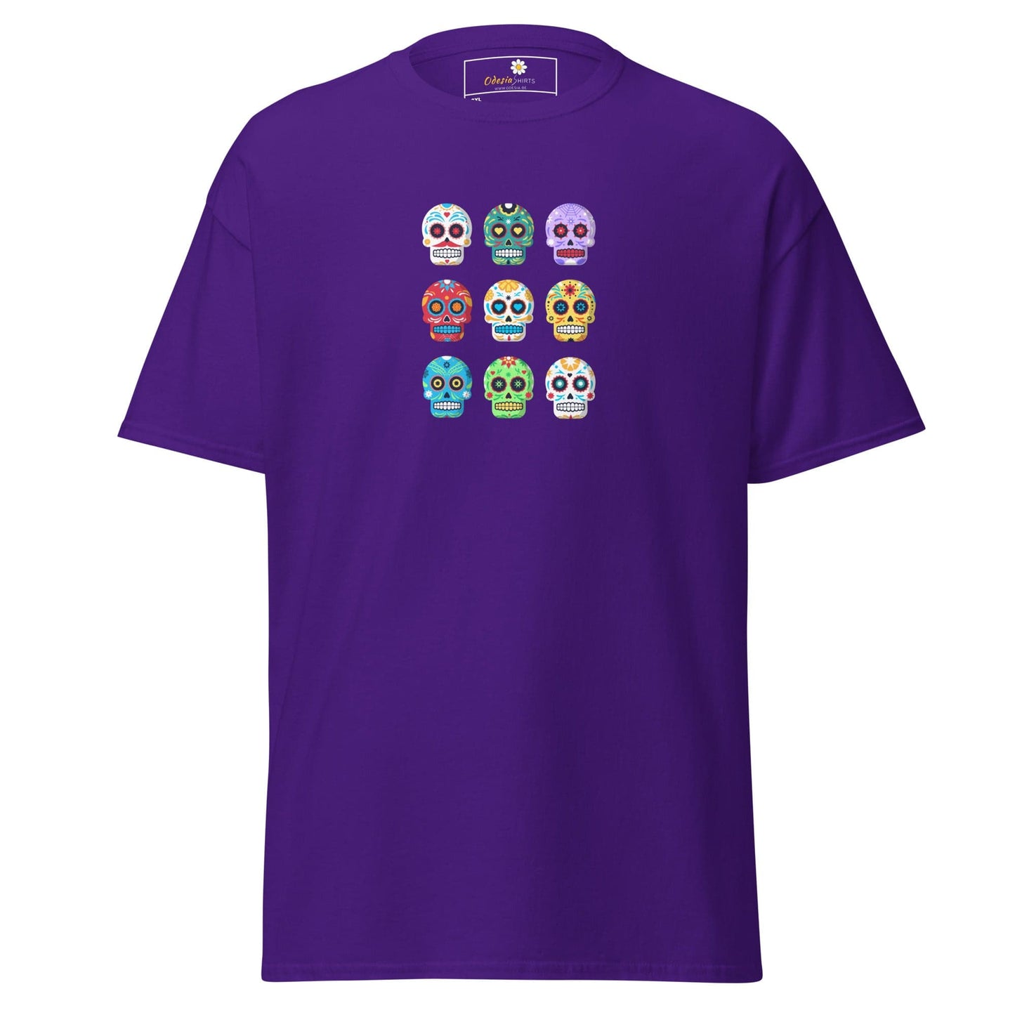 Purple T-shirt with sugar skull design for Men and Women in 2XL to 5XL sizes