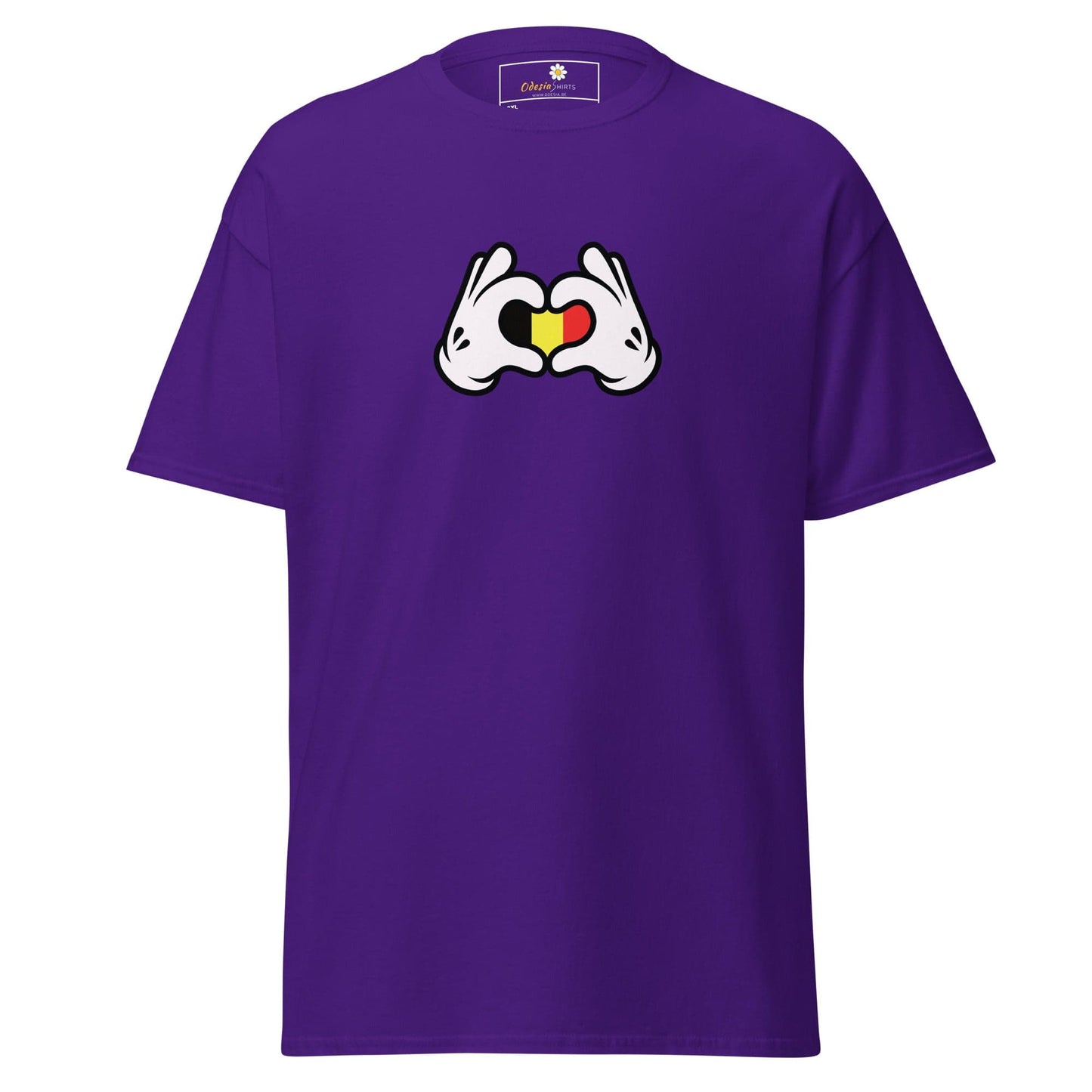 Purple t-shirt with heart-shaped hands.