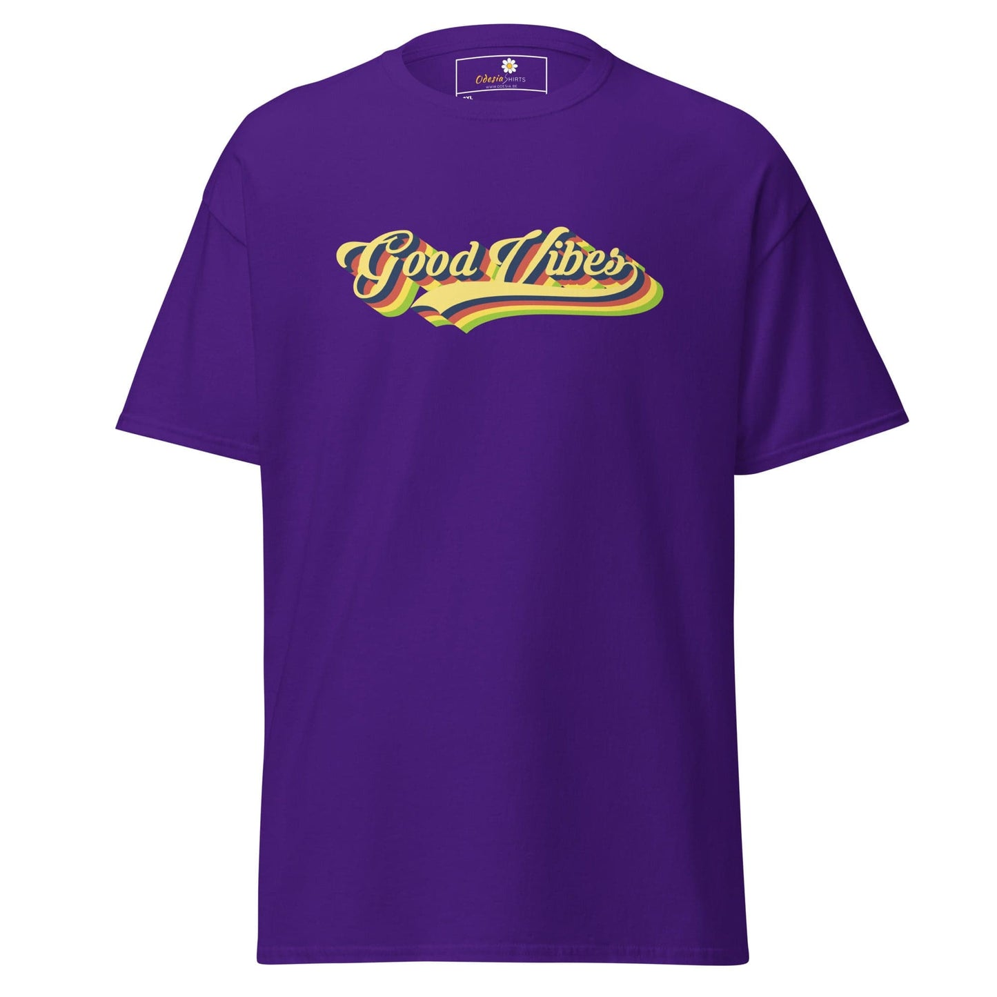 Purple t-shirt with ’Good Vibes’ graphic.