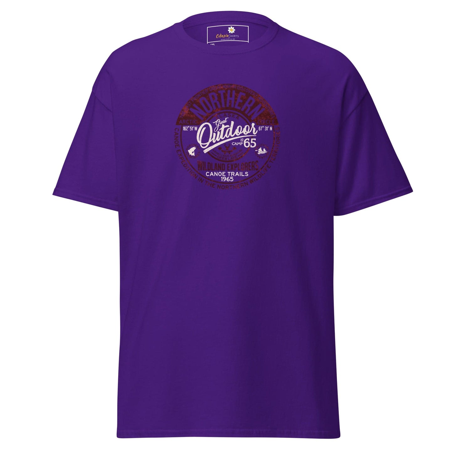 Purple graphic tee.