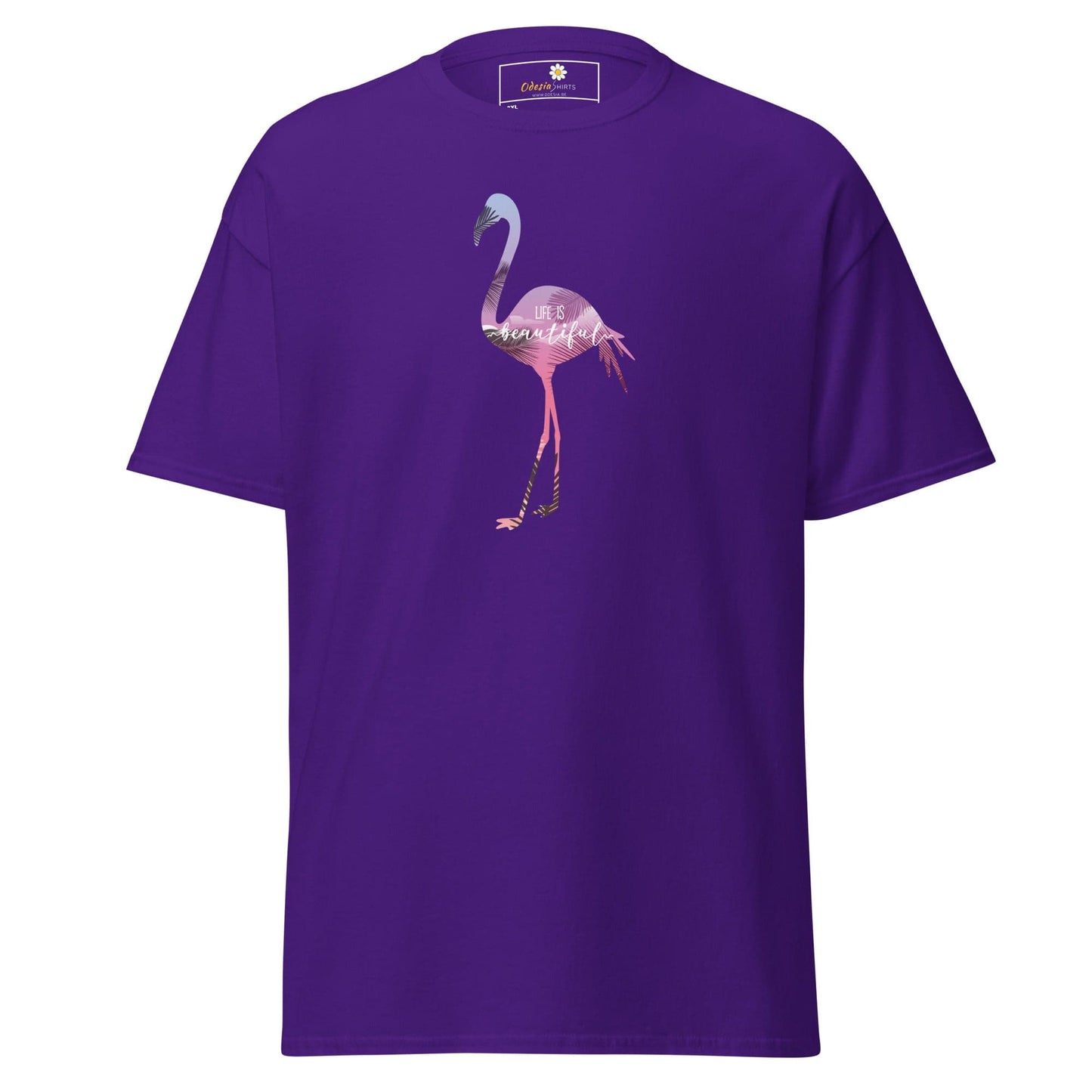 Purple T-shirt with flamingo design from T-SHIRT DESIGN TEE for men and women in 2XL to 5XL