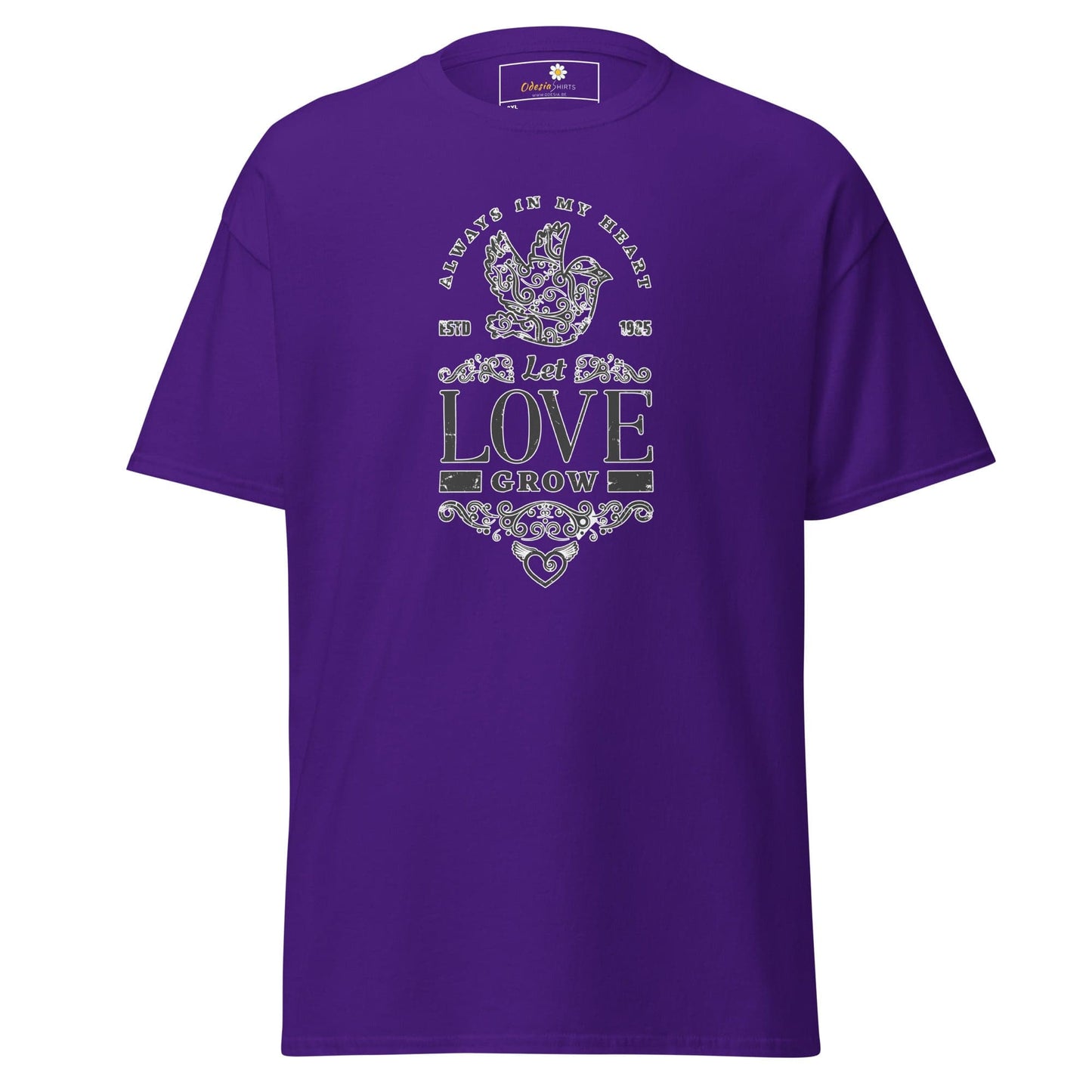 Purple T-shirt with decorative Love graphic for Men and Women in sizes 2XL to 5XL