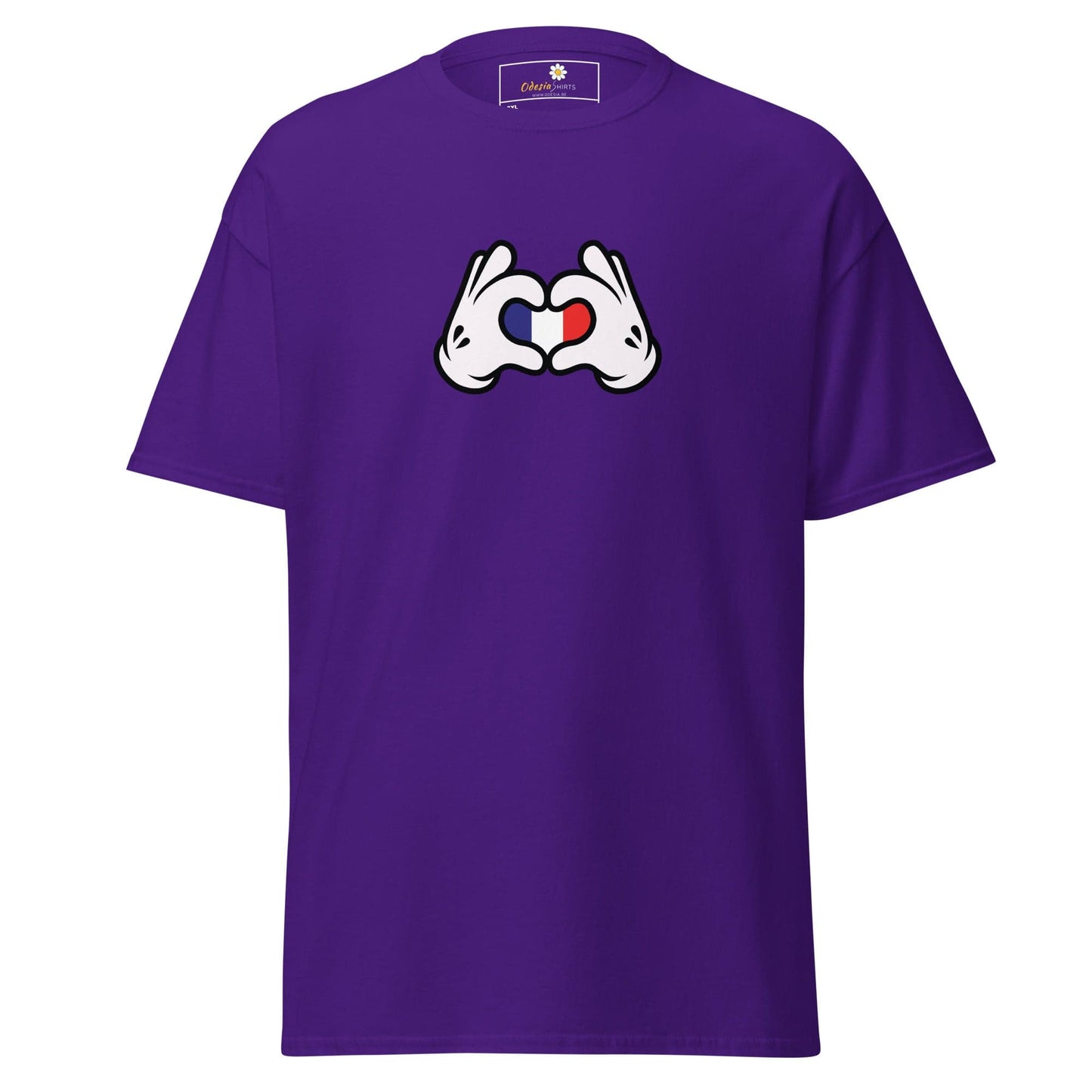 Purple t-shirt with cartoon hands forming a heart with the French flag.