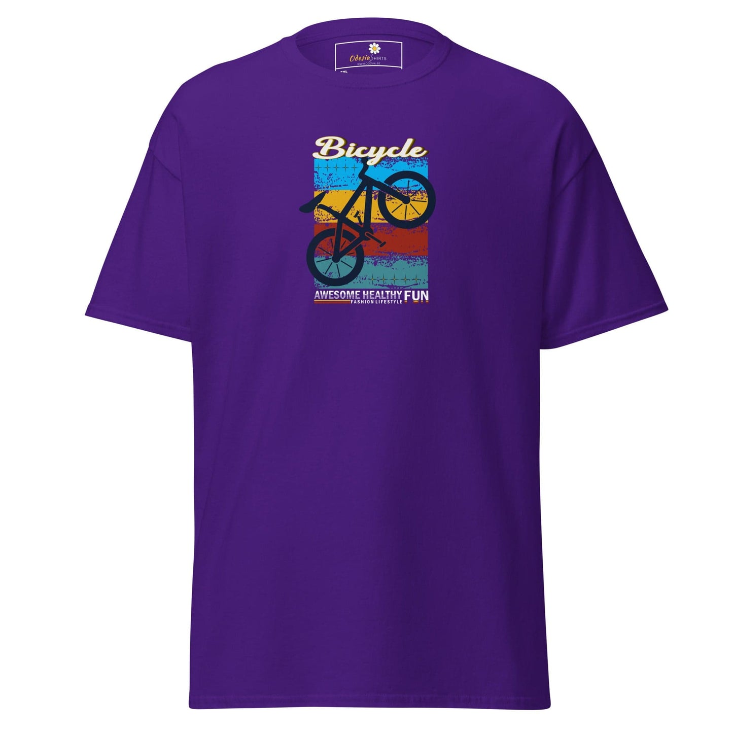 Purple T-shirt with bicycle graphic for Men and Women in 2XL to 5XL sizes