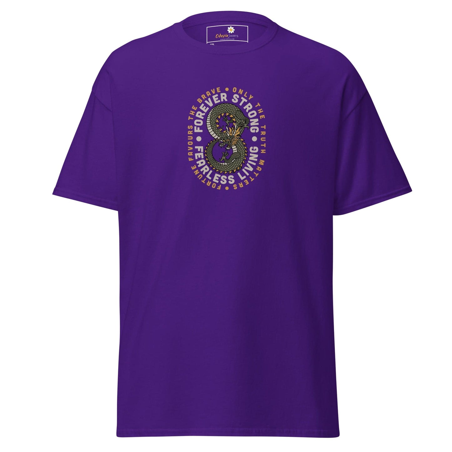 Purple t-shirt with dragon graphic.