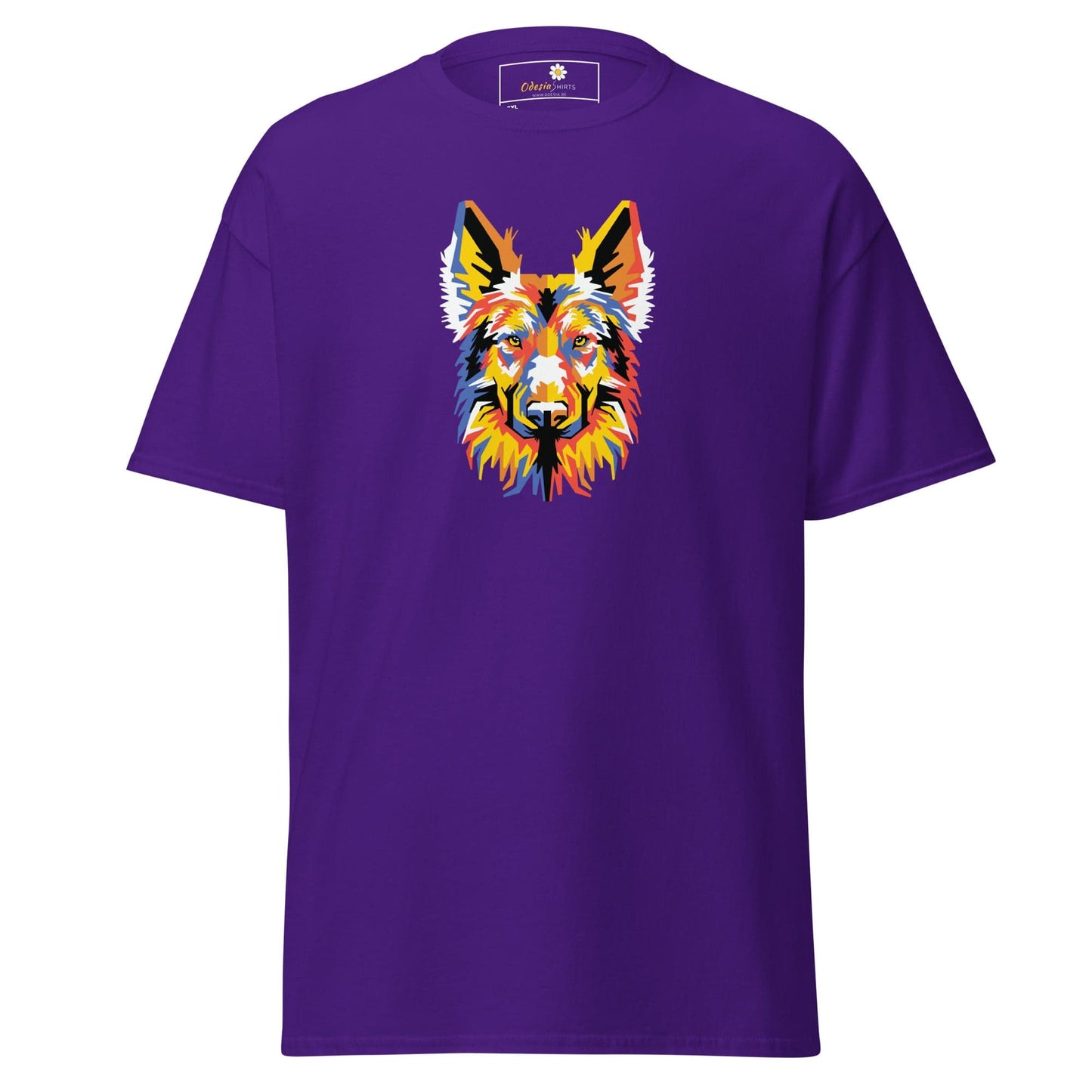 Purple T-shirt with colorful dog graphic for MEN and WOMEN in sizes 2XL to 5XL
