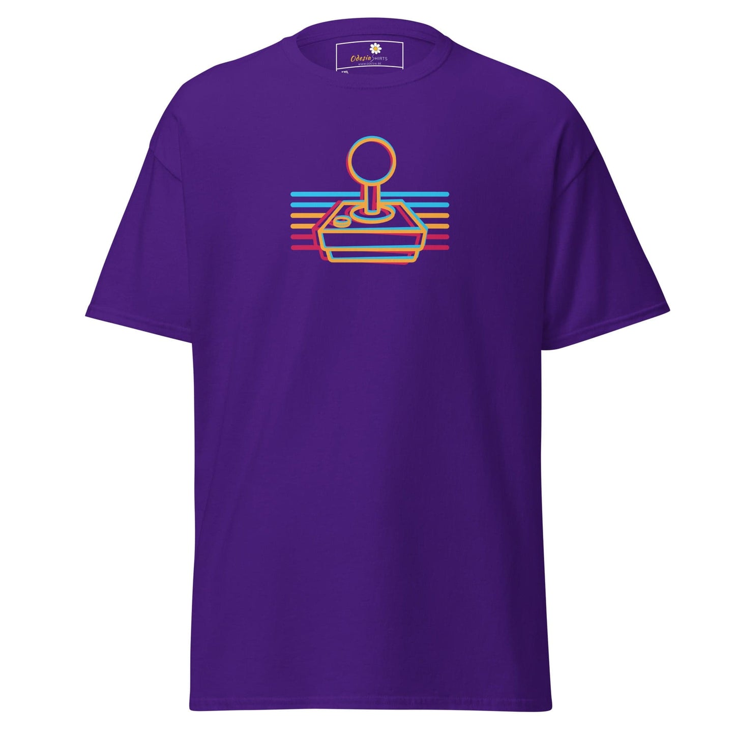 Purple t-shirt with retro joystick design.