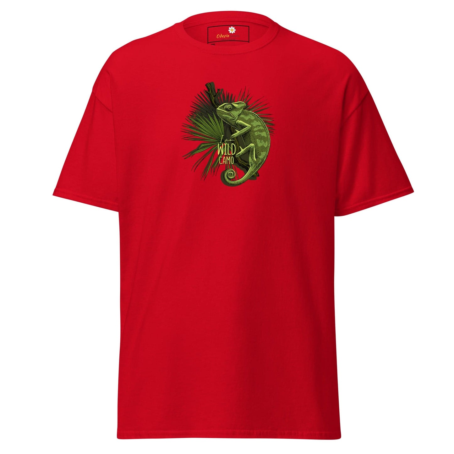 Red t-shirt with chameleon graphic.