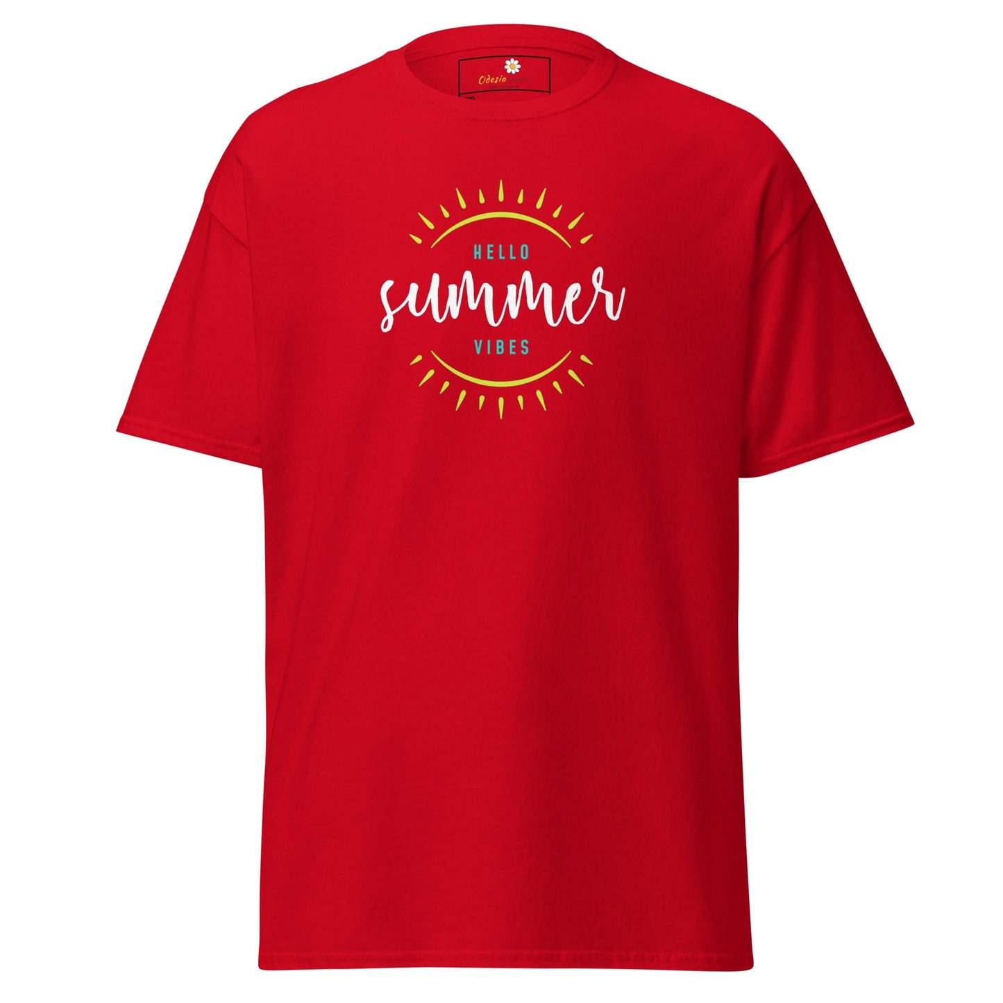 Red t-shirt with summer graphic.