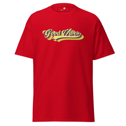 Red t-shirt with ’Good Vibes’ graphic.
