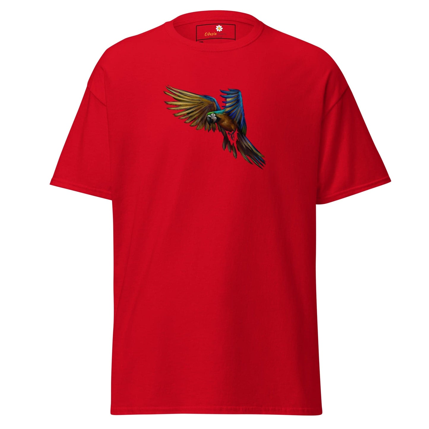 Red T-shirt with colorful parrot graphic for men and women in sizes 2XL to 5XL