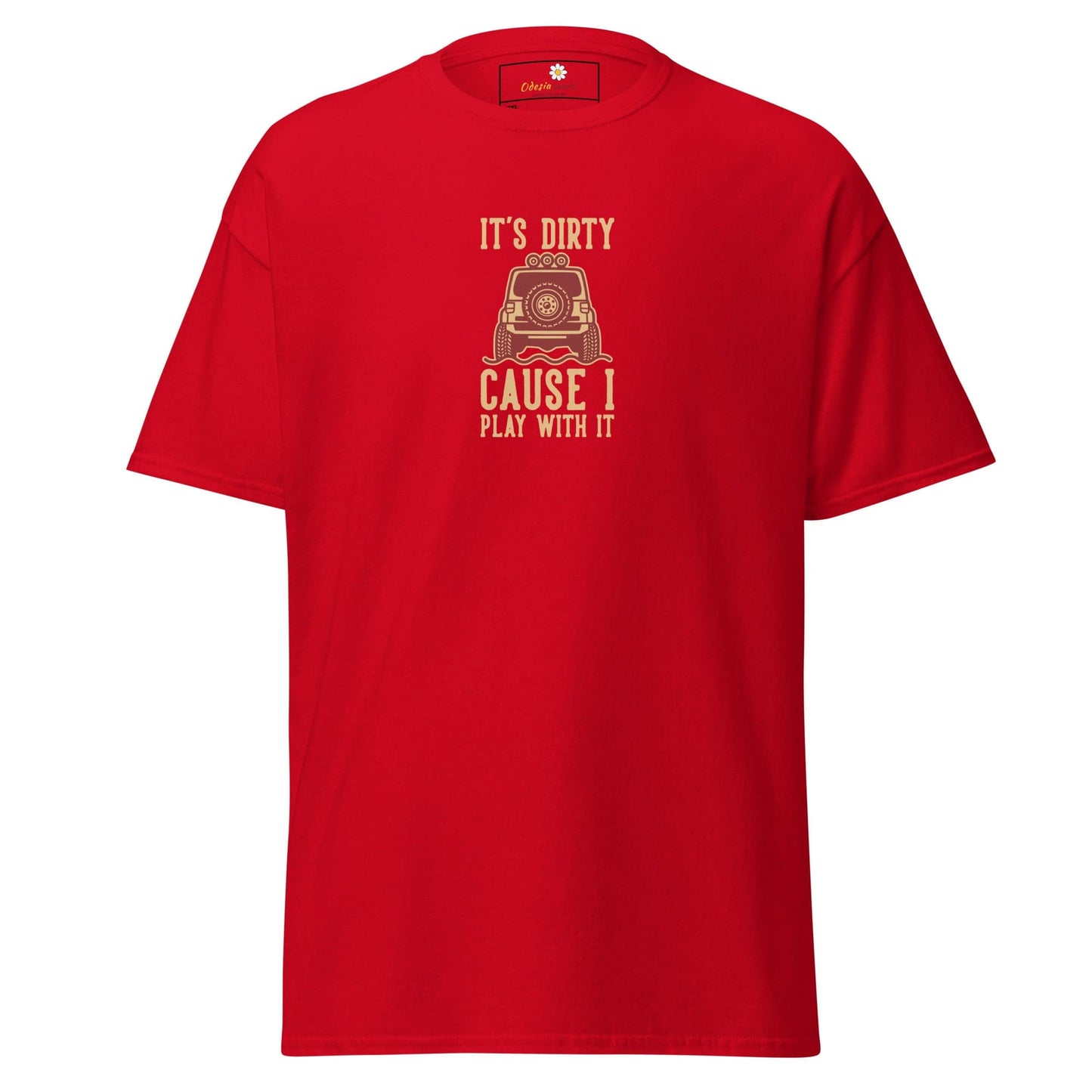 Red t-shirt with car graphic.