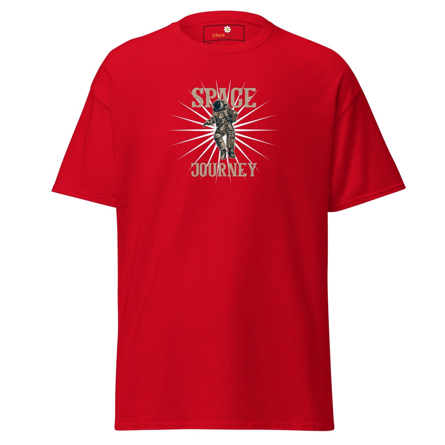 Red T-shirt with astronaut graphic for men and women, available in 2XL to 5XL sizes