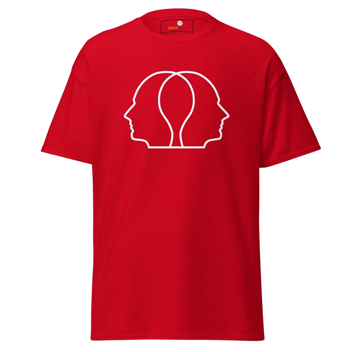 Red T-shirt with two face outline graphic, designed for Men and Women, sizes 2XL to 5XL
