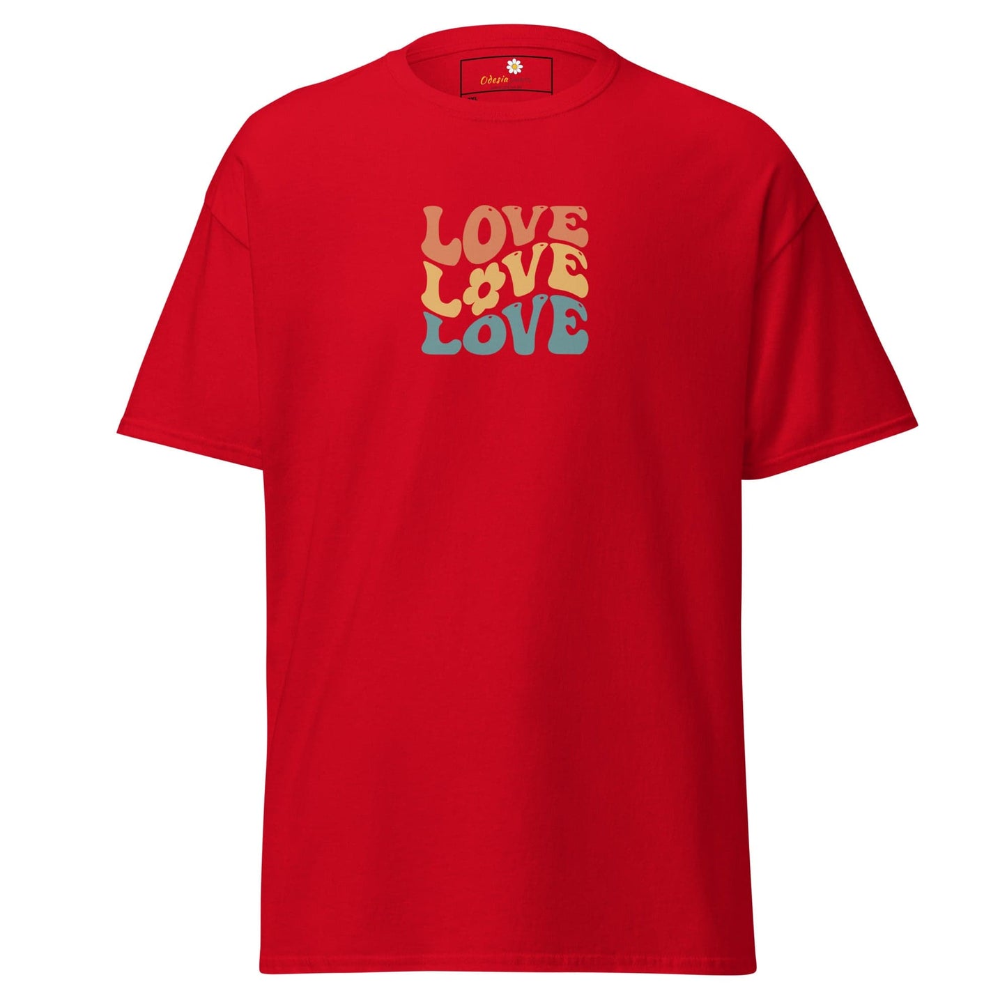 Red t-shirt with ’Love’ graphic.