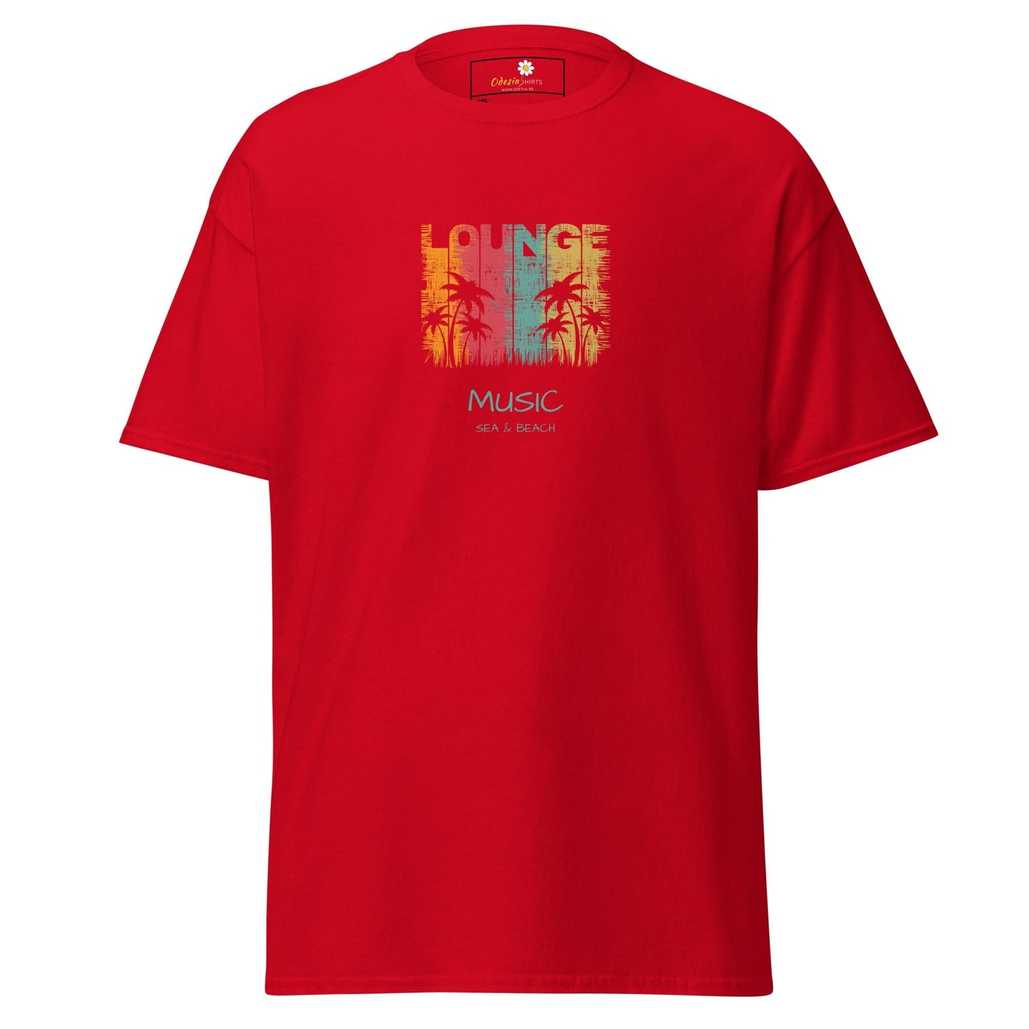 Red T-shirt with tropical lounge music design for men and women in 2XL to 5XL sizes