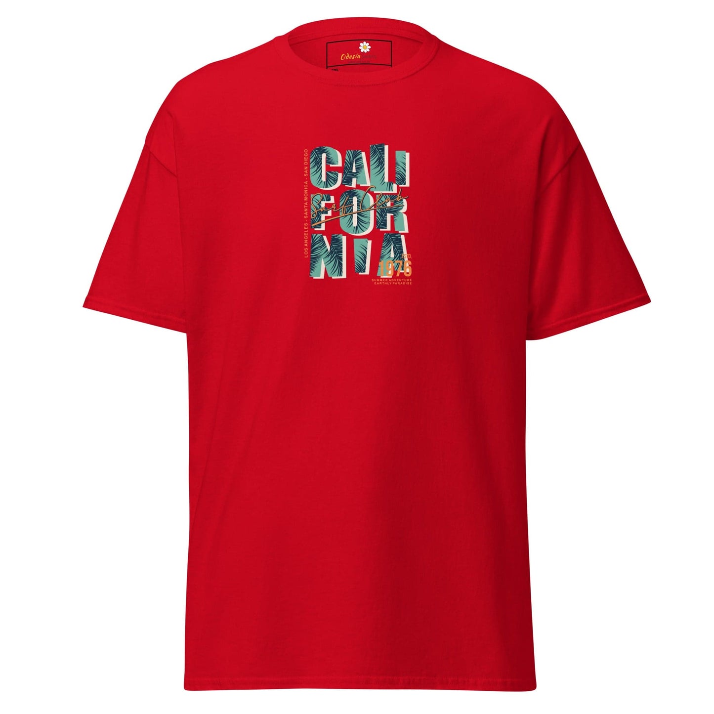 Red t-shirt with ’California’ graphic.
