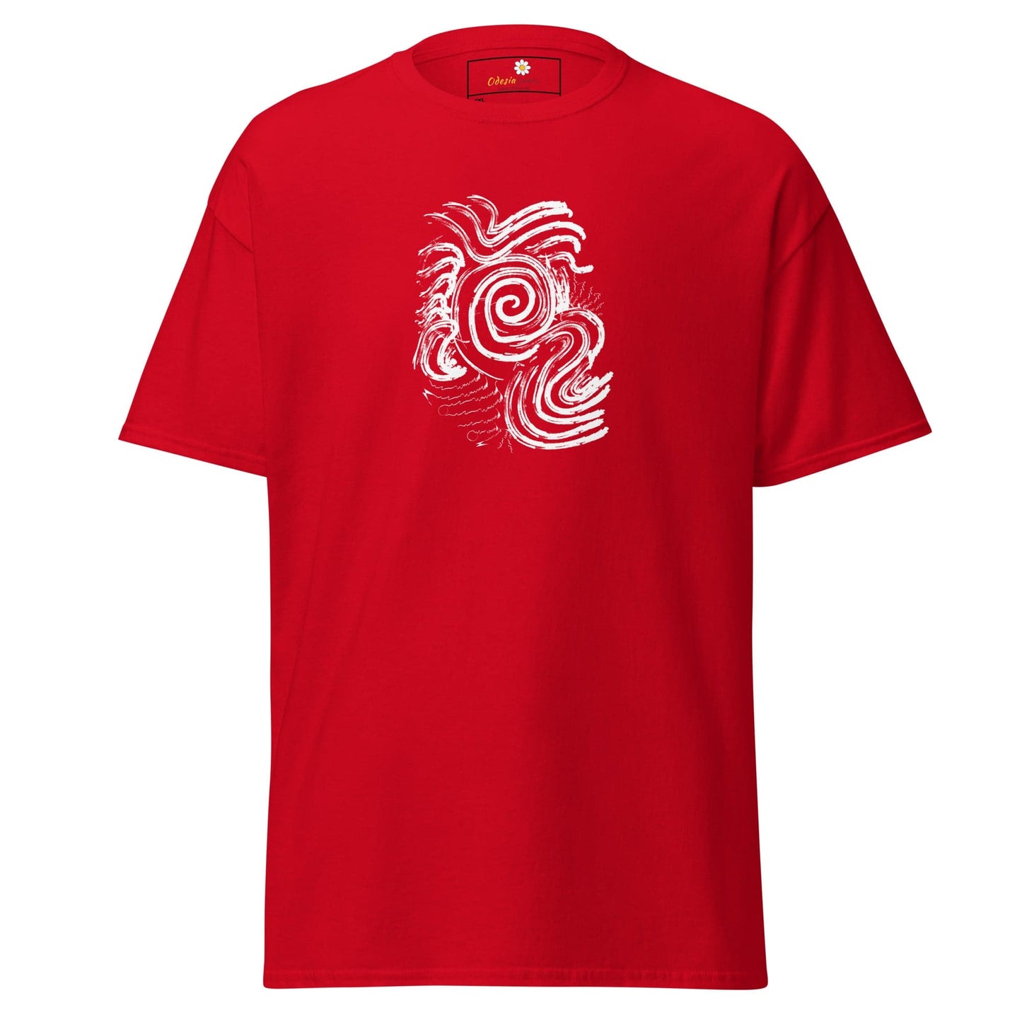 Red T-shirt with white abstract design from T-SHIRT DESIGN TEE for men and women 2XL-5XL