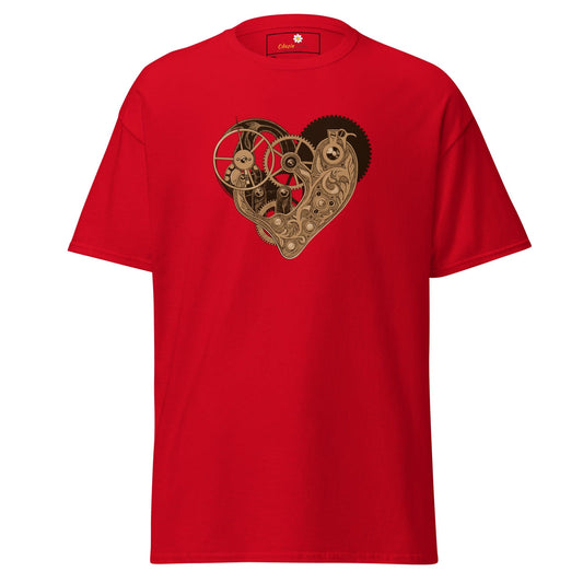 Red T-shirt with mechanical heart design, suitable for men and women, sizes 2XL to 5XL