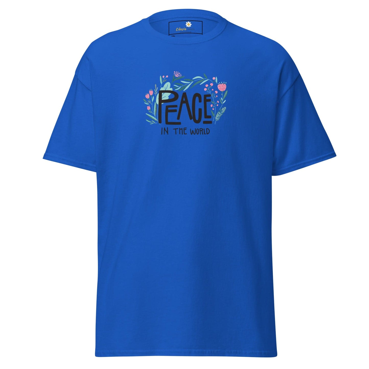 Blue T-shirt with Peace in the World floral design for men and women in 2XL to 5XL
