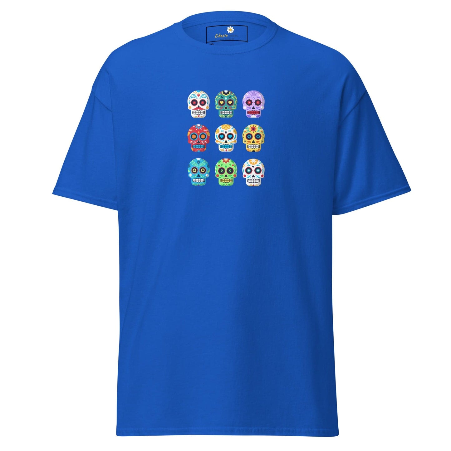 Blue T-Shirt with colorful sugar skull design for men and women in Plus Sizes