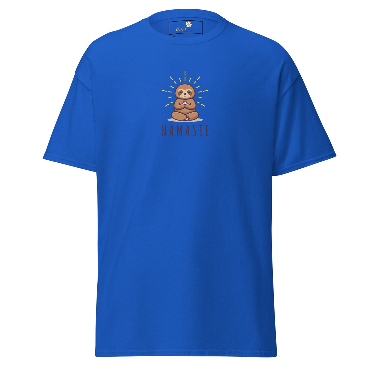 Blue t-shirt with sloth design.