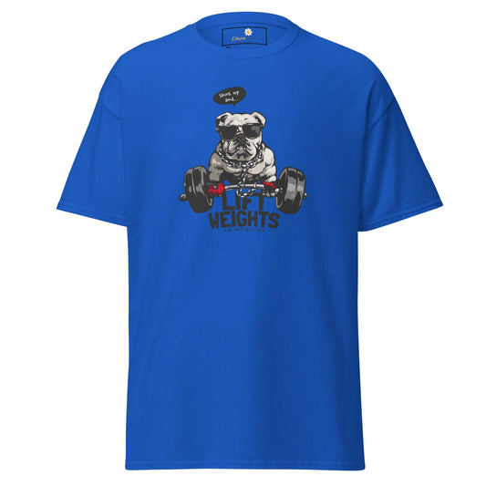Blue t-shirt with dog lifting weights graphic.