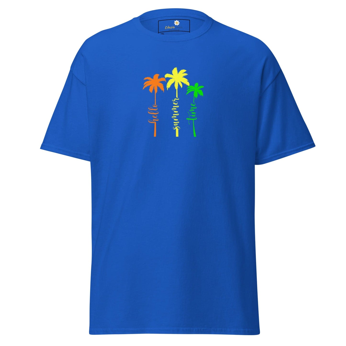 Blue t-shirt with palm tree design.