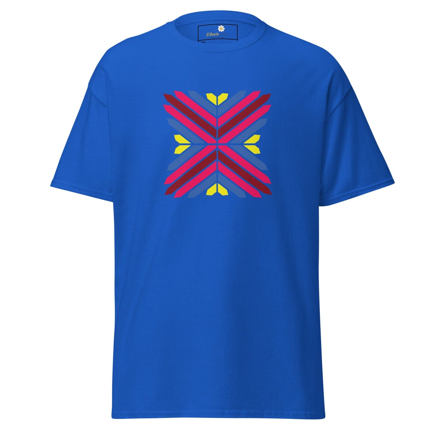 Blue T-shirt with colorful geometric design for Men and Women in 2XL to 5XL sizes