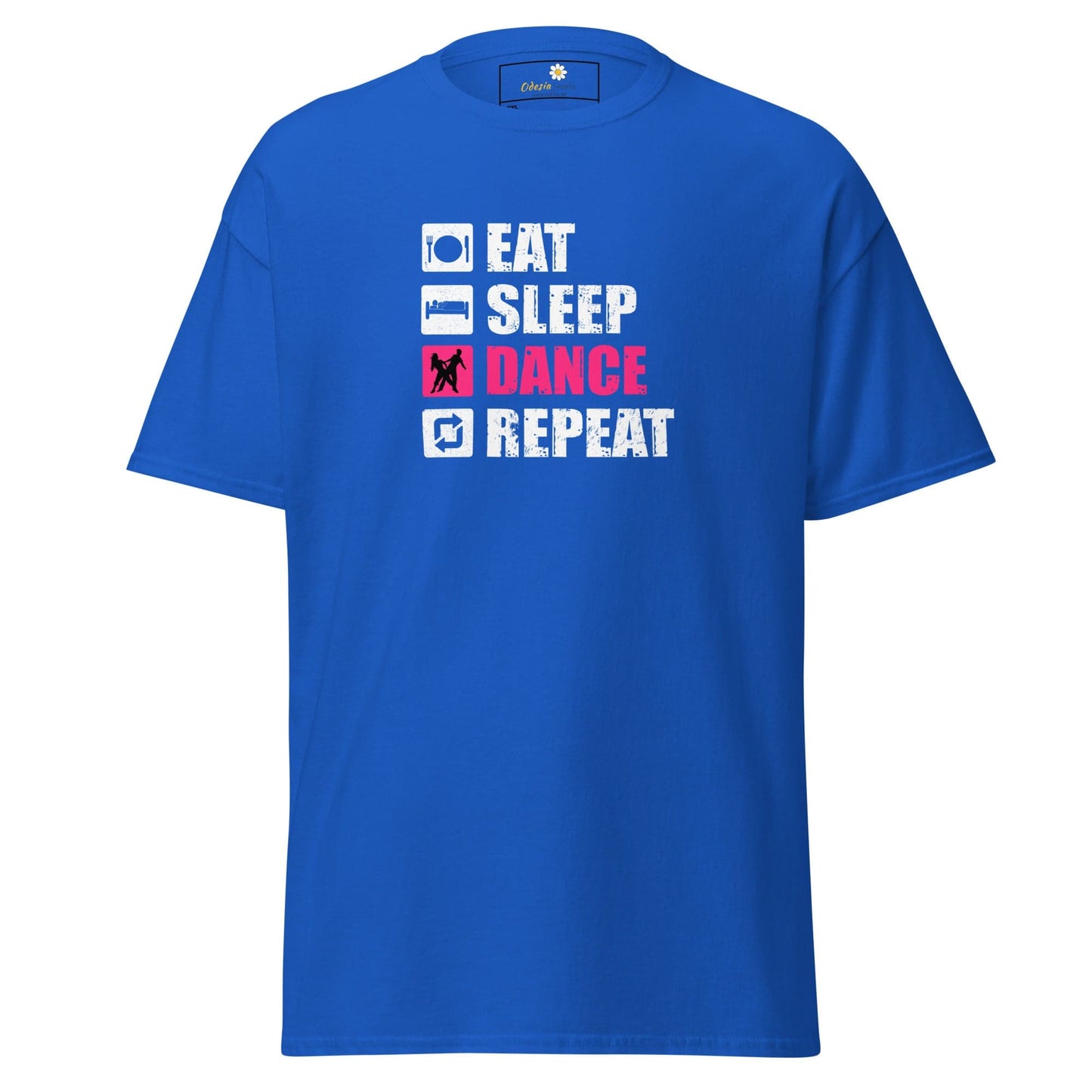 Blue t-shirt with ’Eat Sleep Dance Repeat’ graphic.