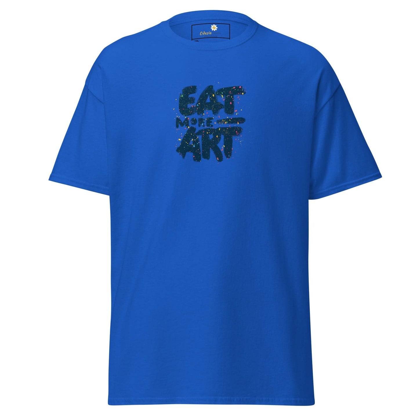 Blue T-shirt with Eat More Art text, designed for men and women in 2XL to 5XL sizes