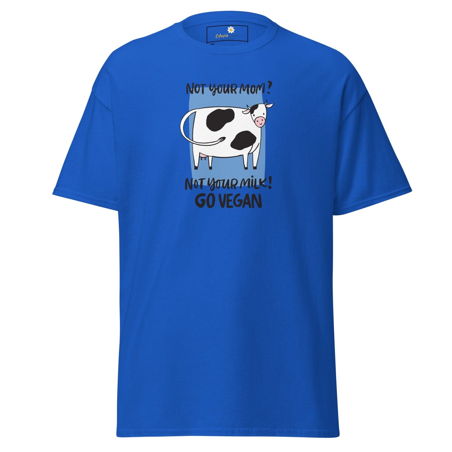 Blue t-shirt with cow graphic.