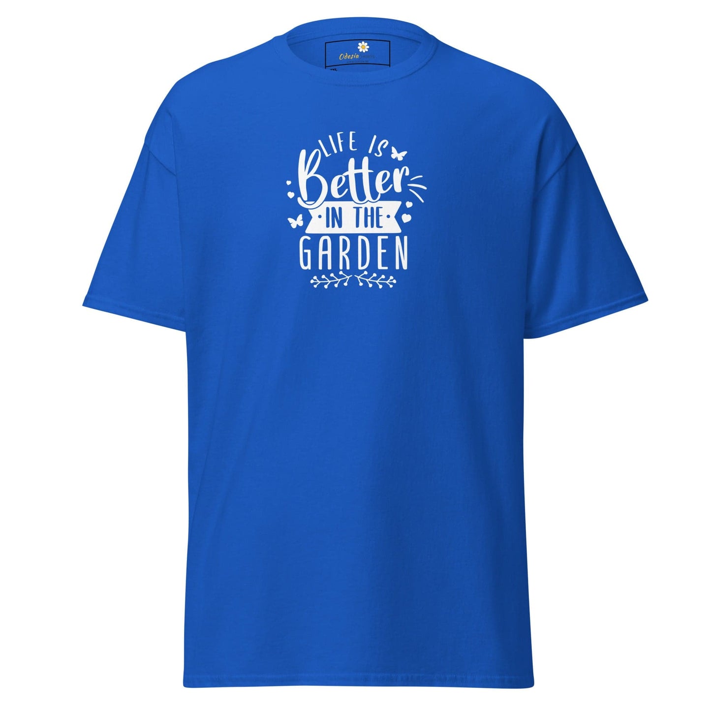Blue t-shirt with garden-themed text.