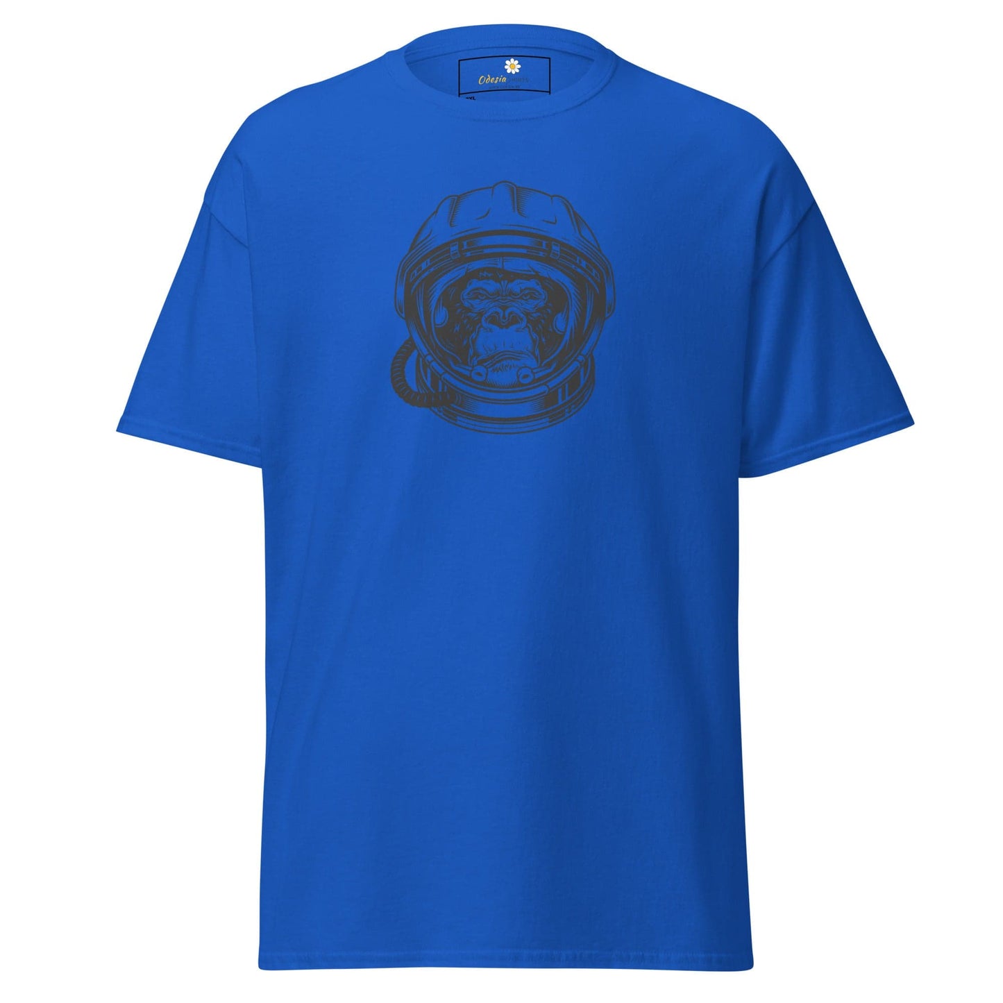 Blue T-shirt with astronaut monkey graphic for men and women in 2XL to 5XL sizes