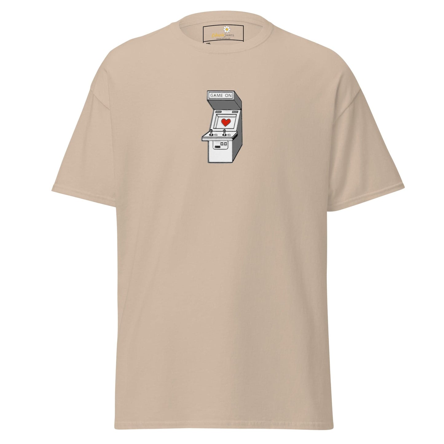 Beige T-shirt with arcade game graphic, available in men’s and women’s sizes 2XL to 5XL