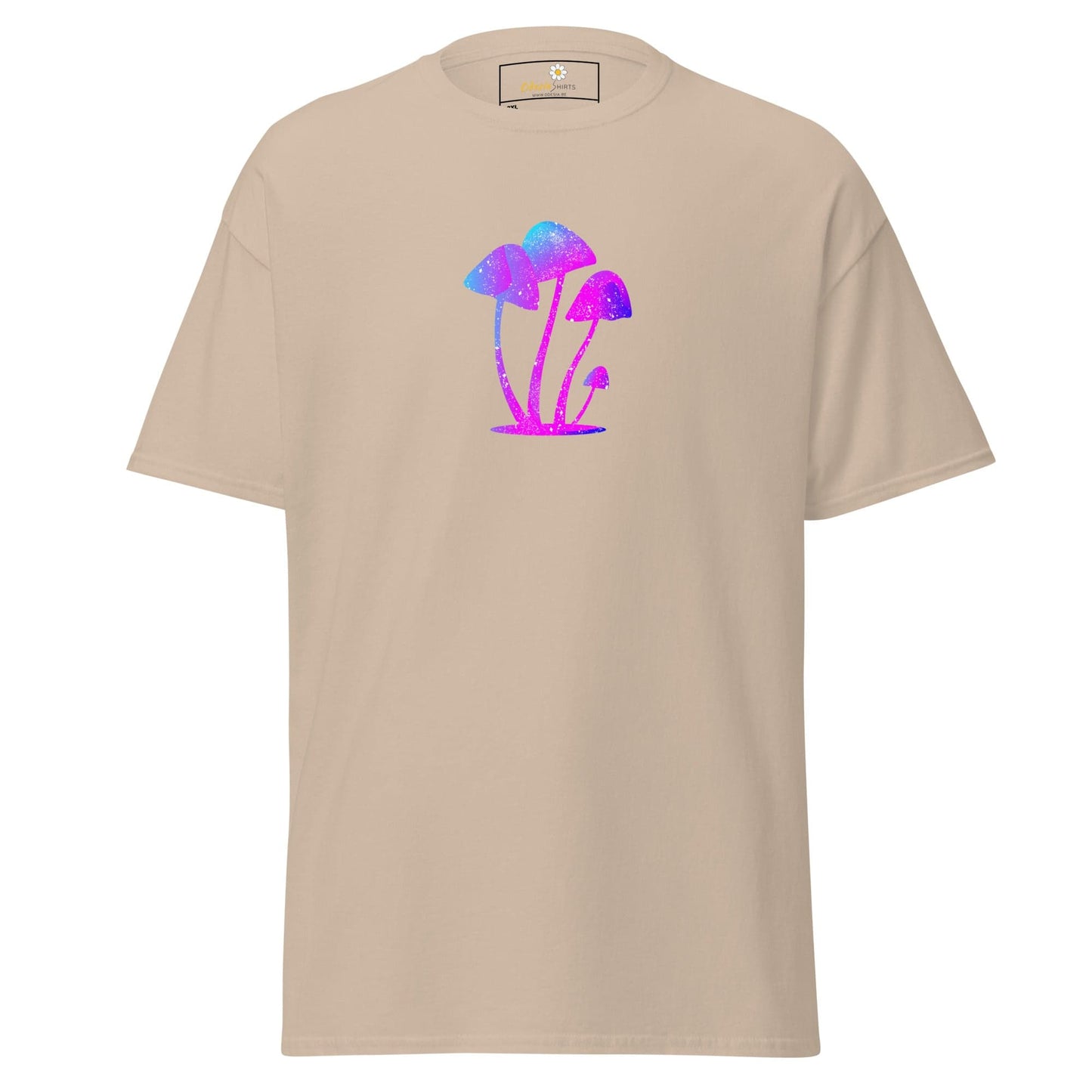 Beige t-shirt with mushroom graphic.