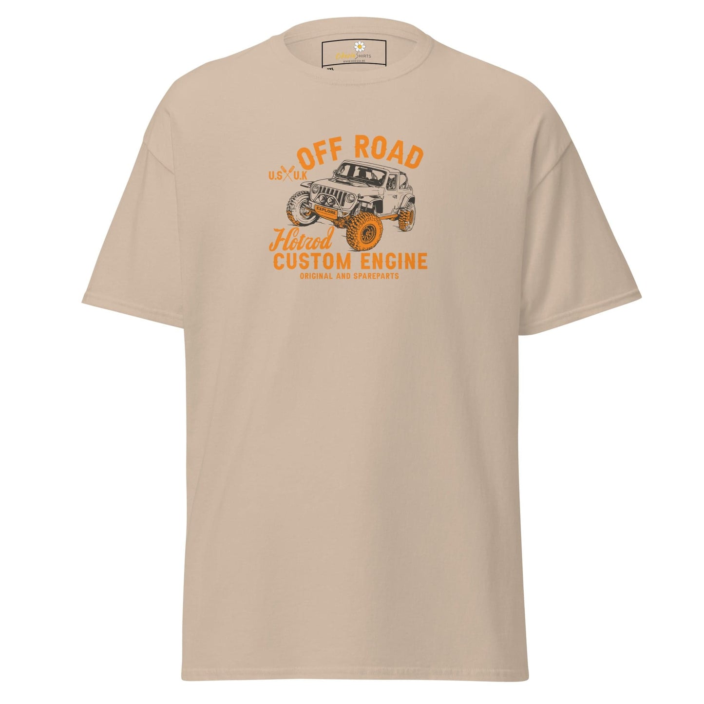 Beige t-shirt with off-road vehicle graphic.