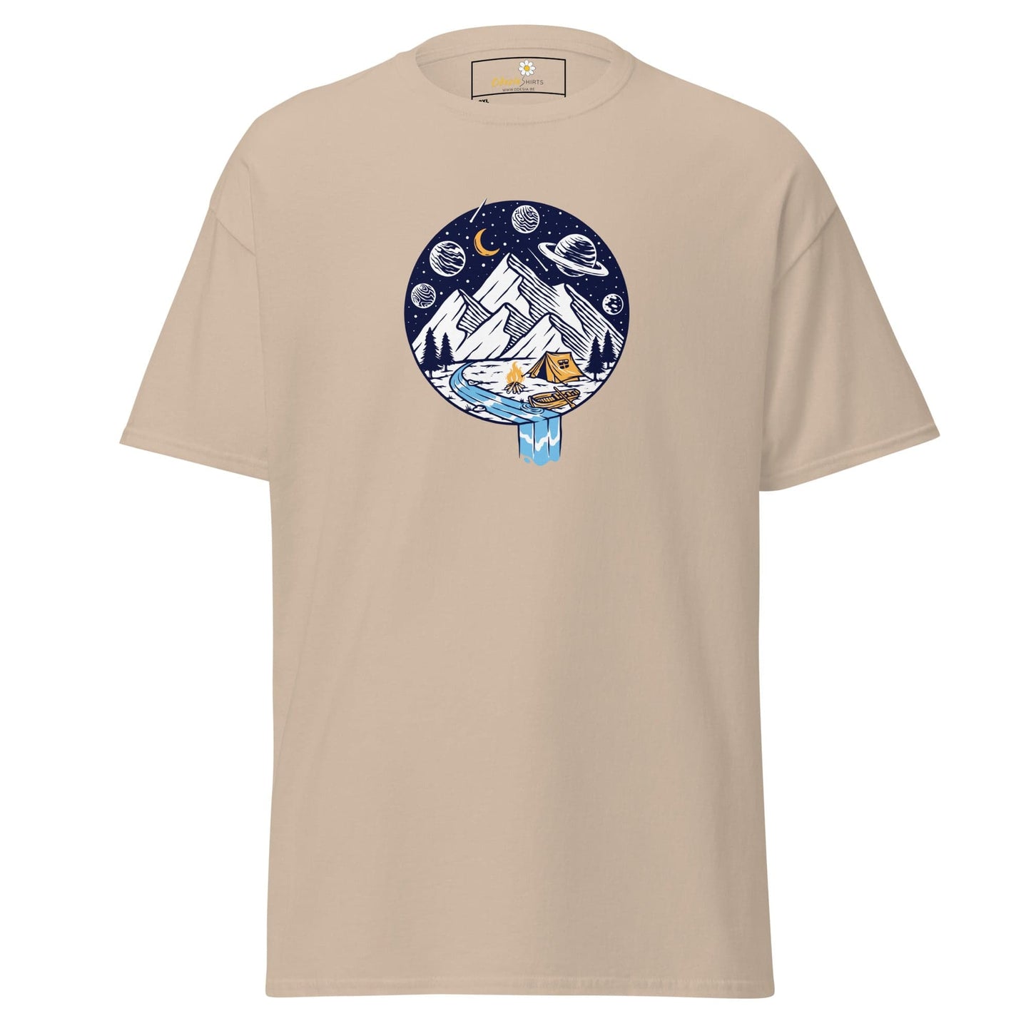 Beige t-shirt with camping graphic.