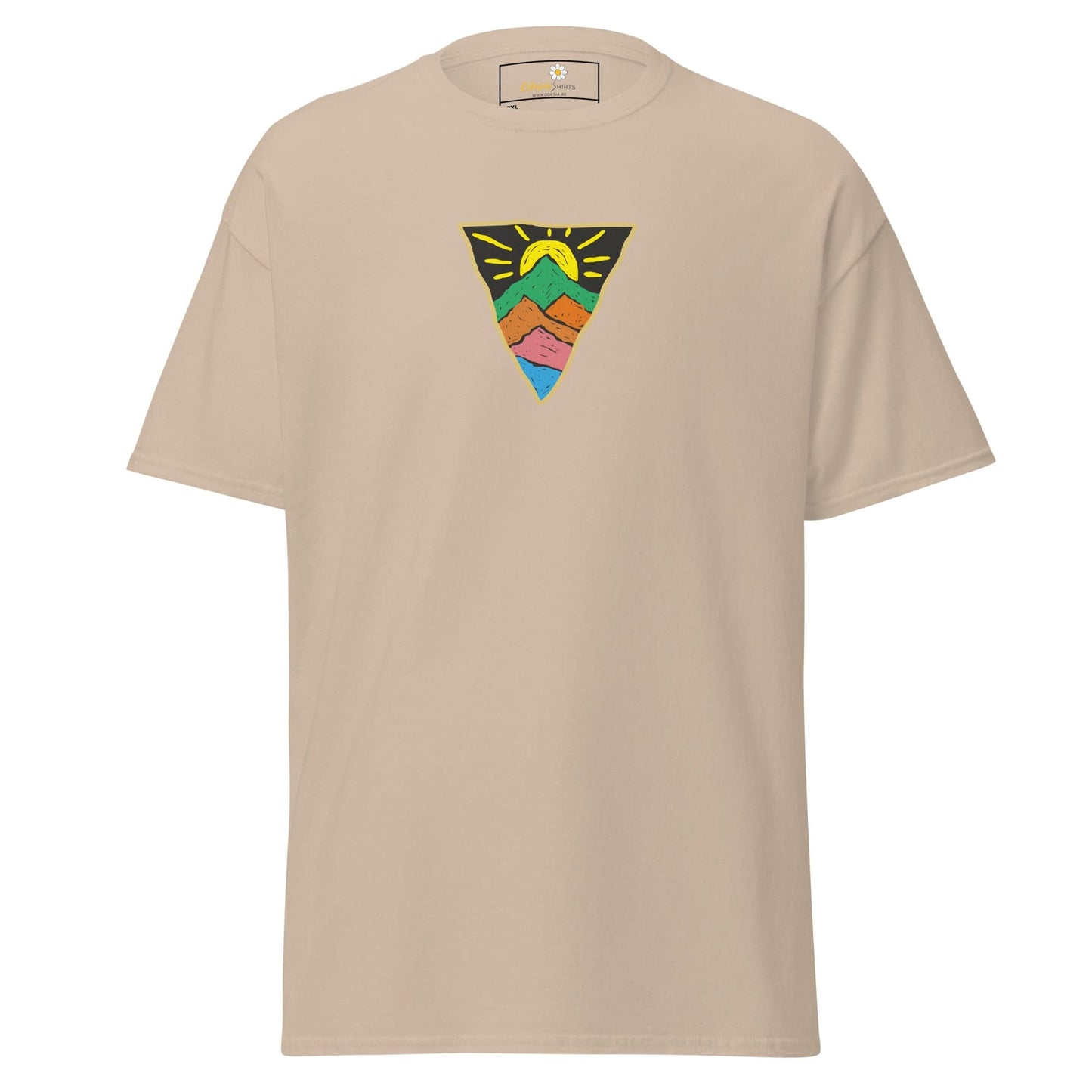 Beige T-shirt with mountain graphic for men and women available in 2XL to 5XL sizes