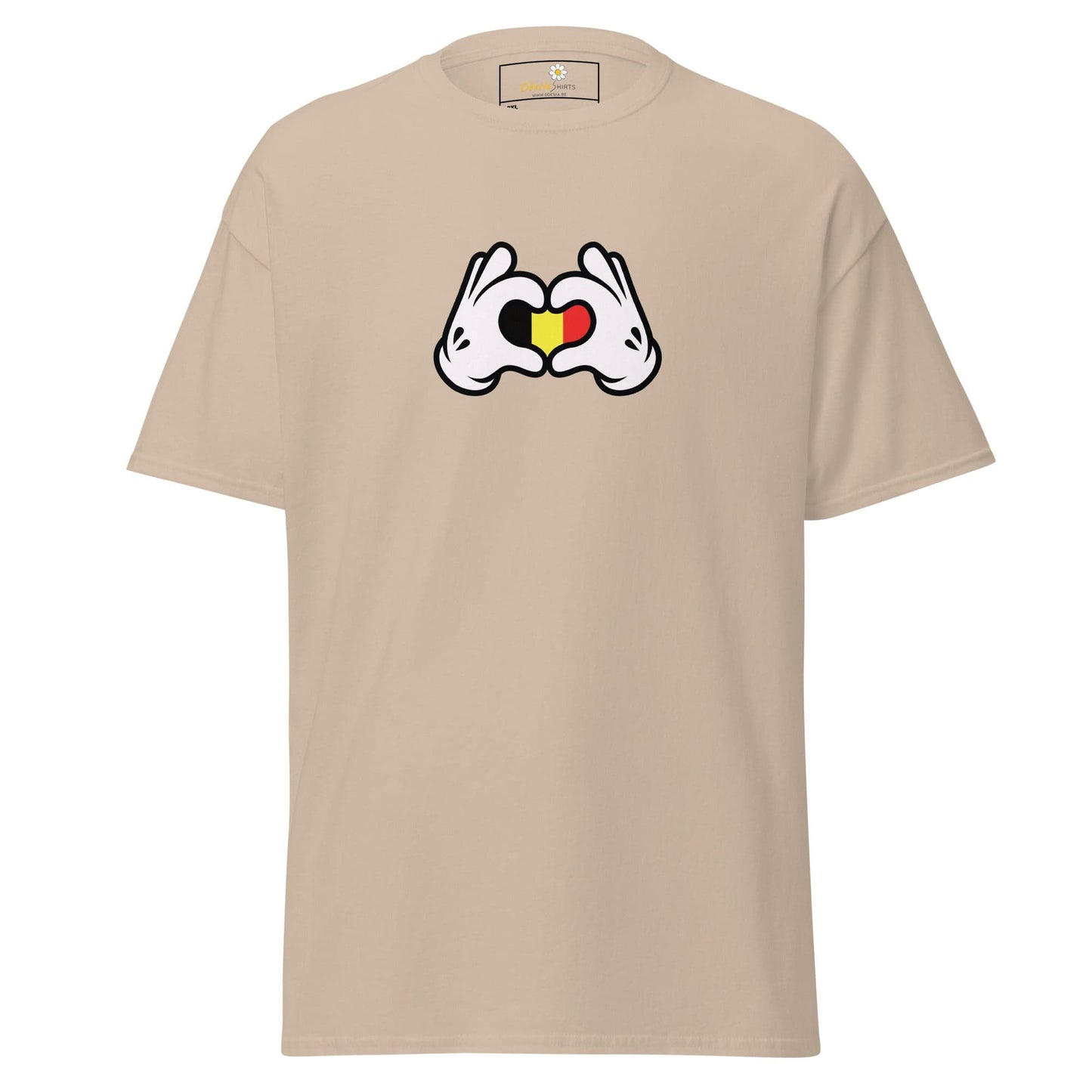 Beige t-shirt with cartoon hands forming a heart with the Belgian flag.