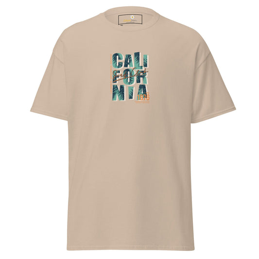 Beige t-shirt with ’California’ graphic.