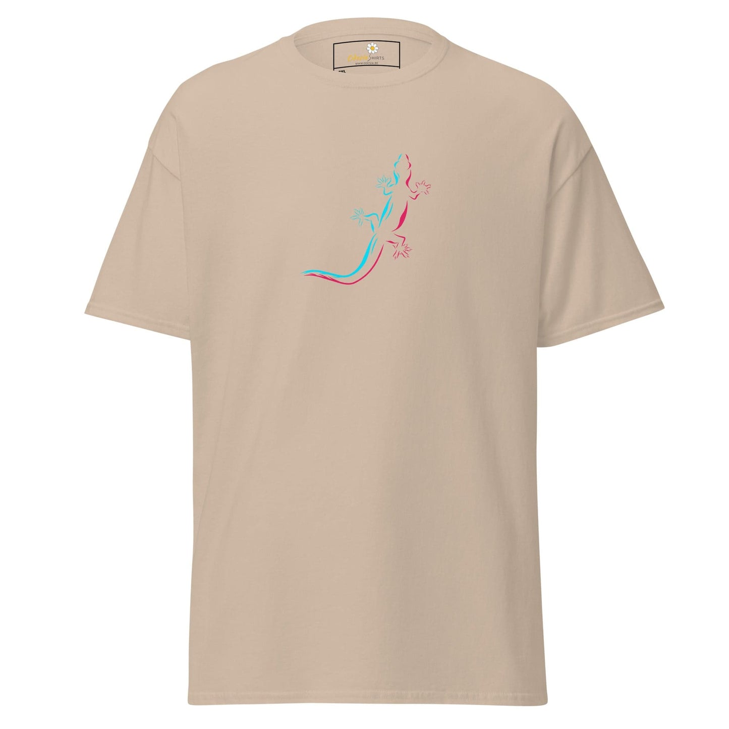Beige t-shirt with lizard design.