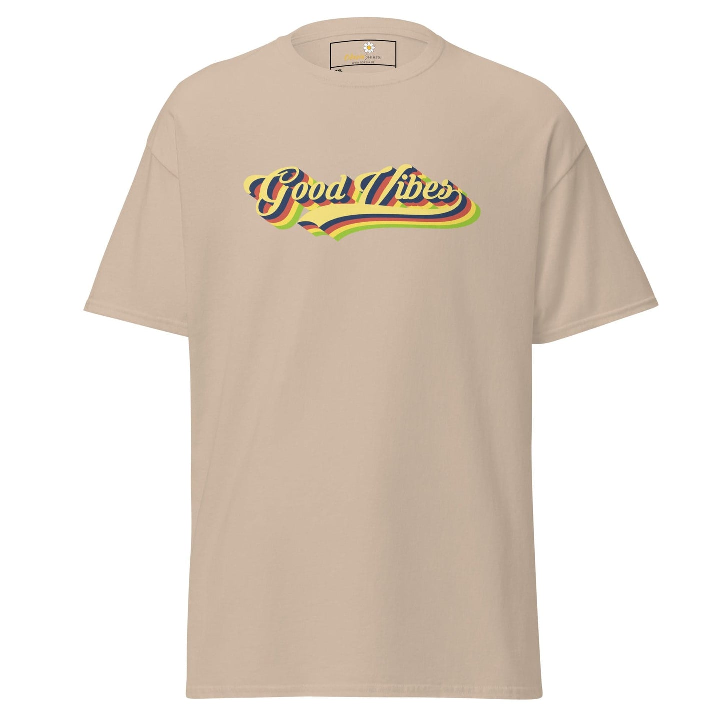 Beige t-shirt with ’Good Vibes’ text.