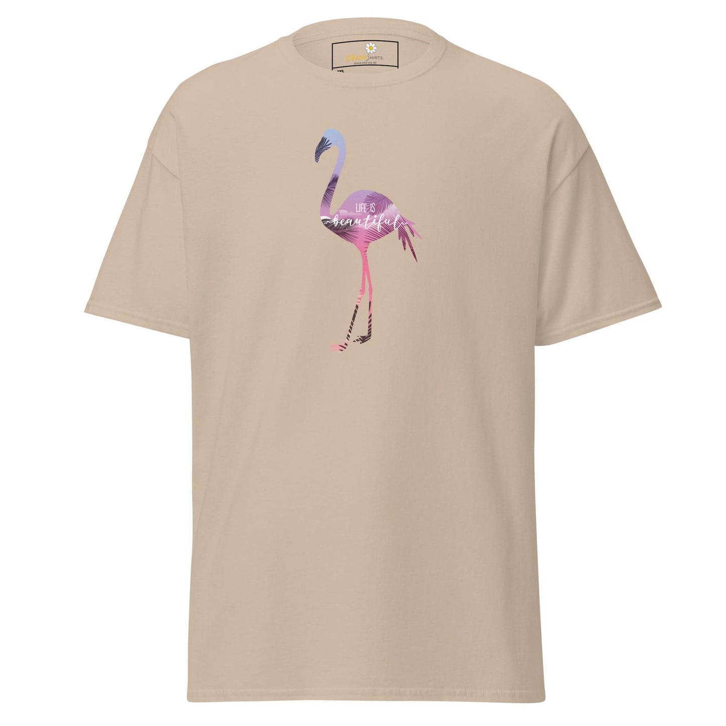 Beige T-shirt with flamingo graphic for men and women in 2XL to 5XL sizes