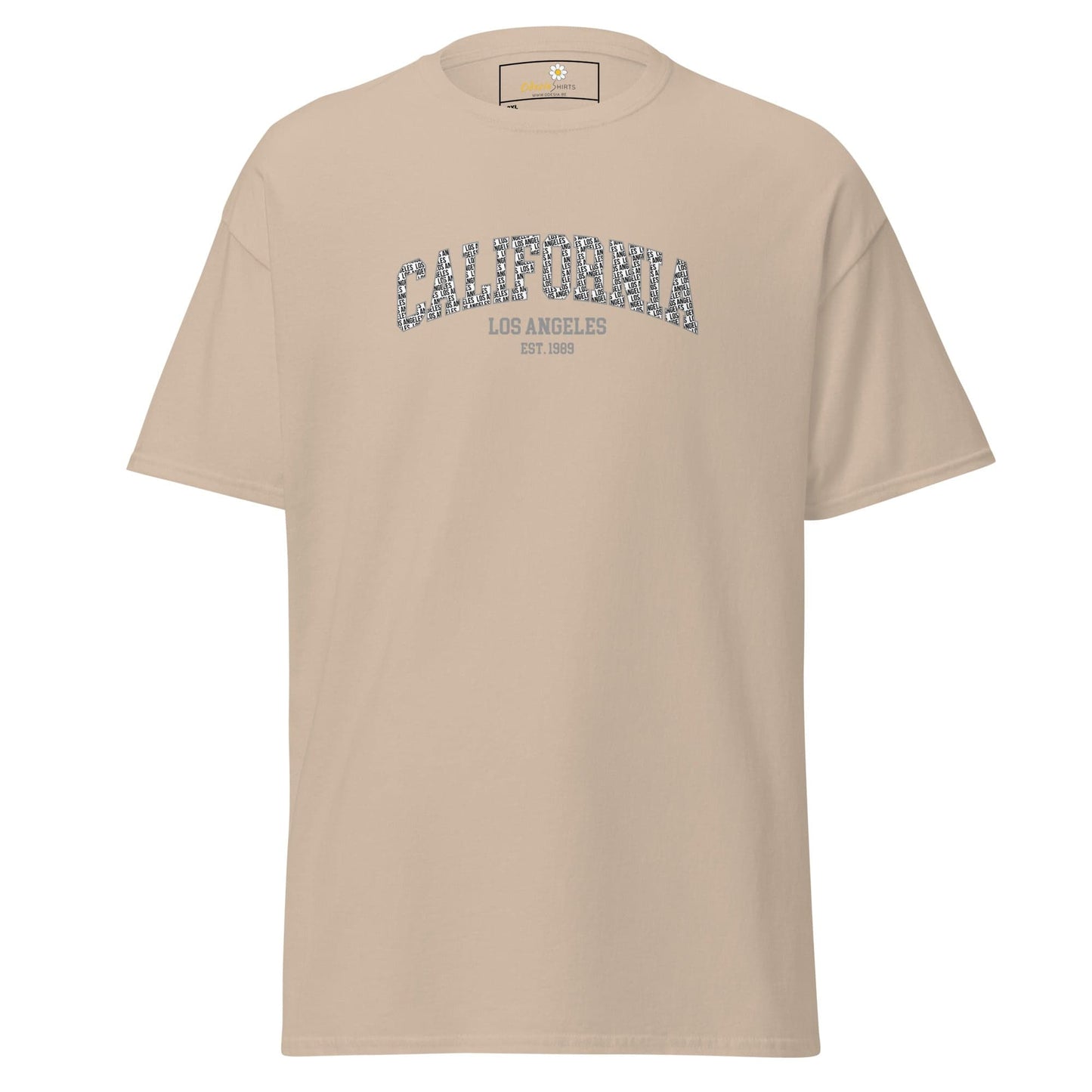 Beige t-shirt with ’California’ and ’Los Angeles’ text.