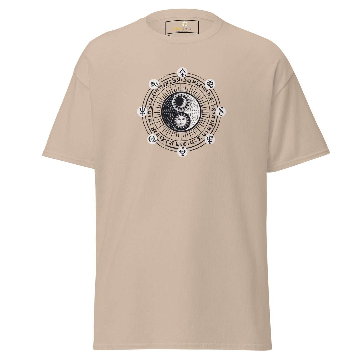 Beige t-shirt with yin-yang design.