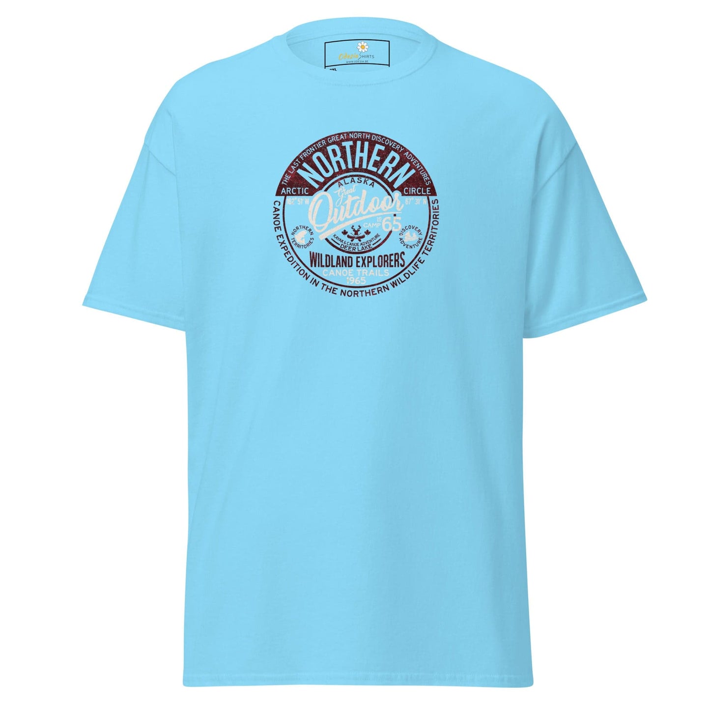 Light blue t-shirt with a circular graphic.