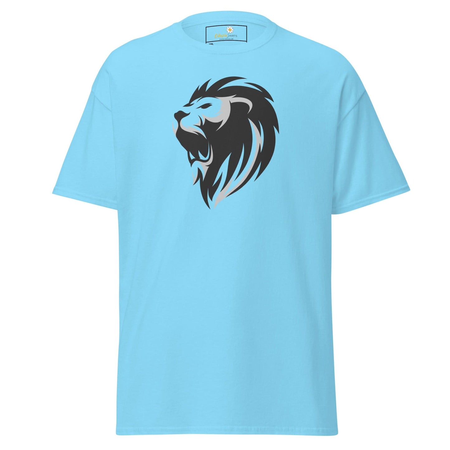 Light blue T-shirt with a lion graphic for men and women in sizes 2XL to 5XL