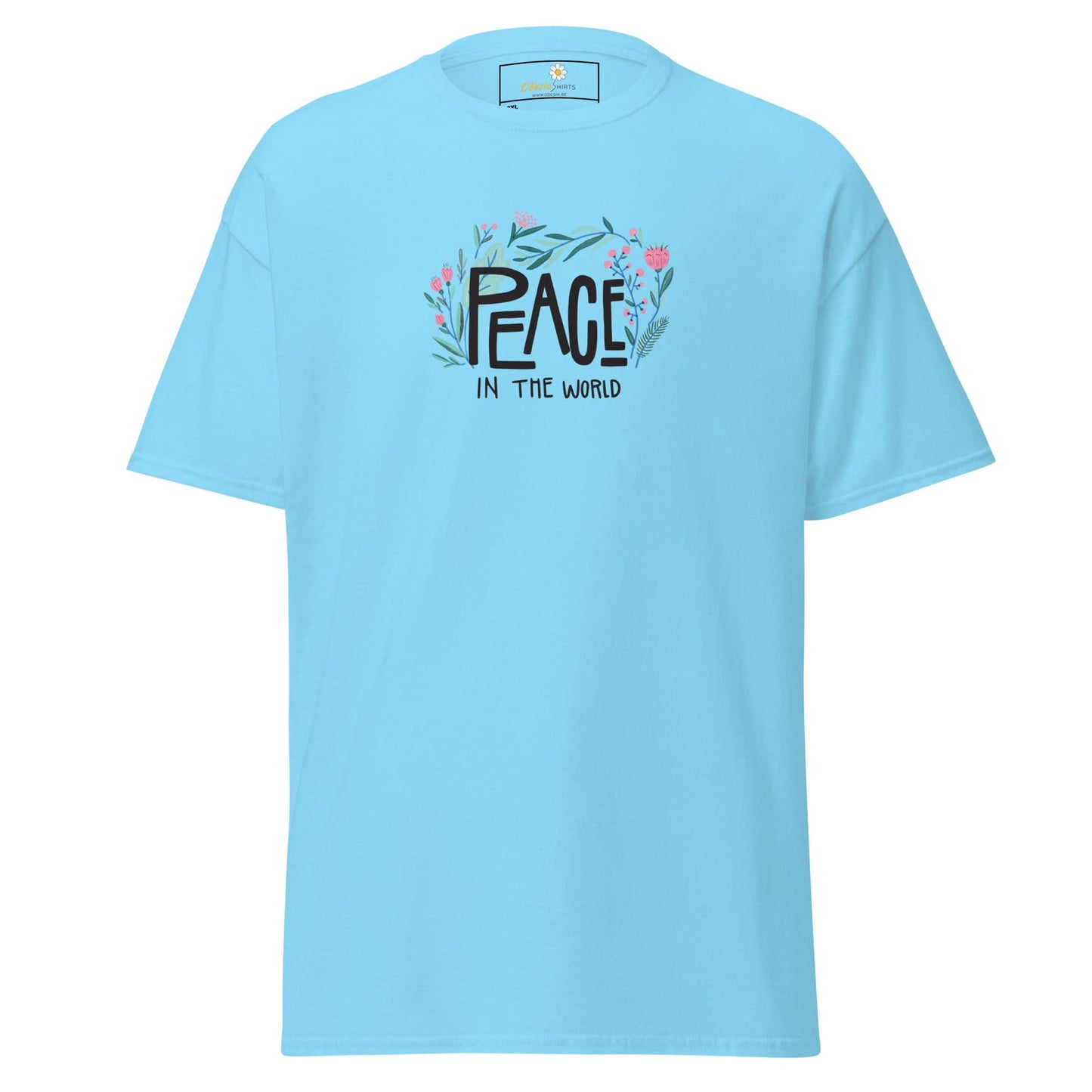 Light blue T-shirt with Peace in the World graphic for Men and Women in 2XL to 5XL
