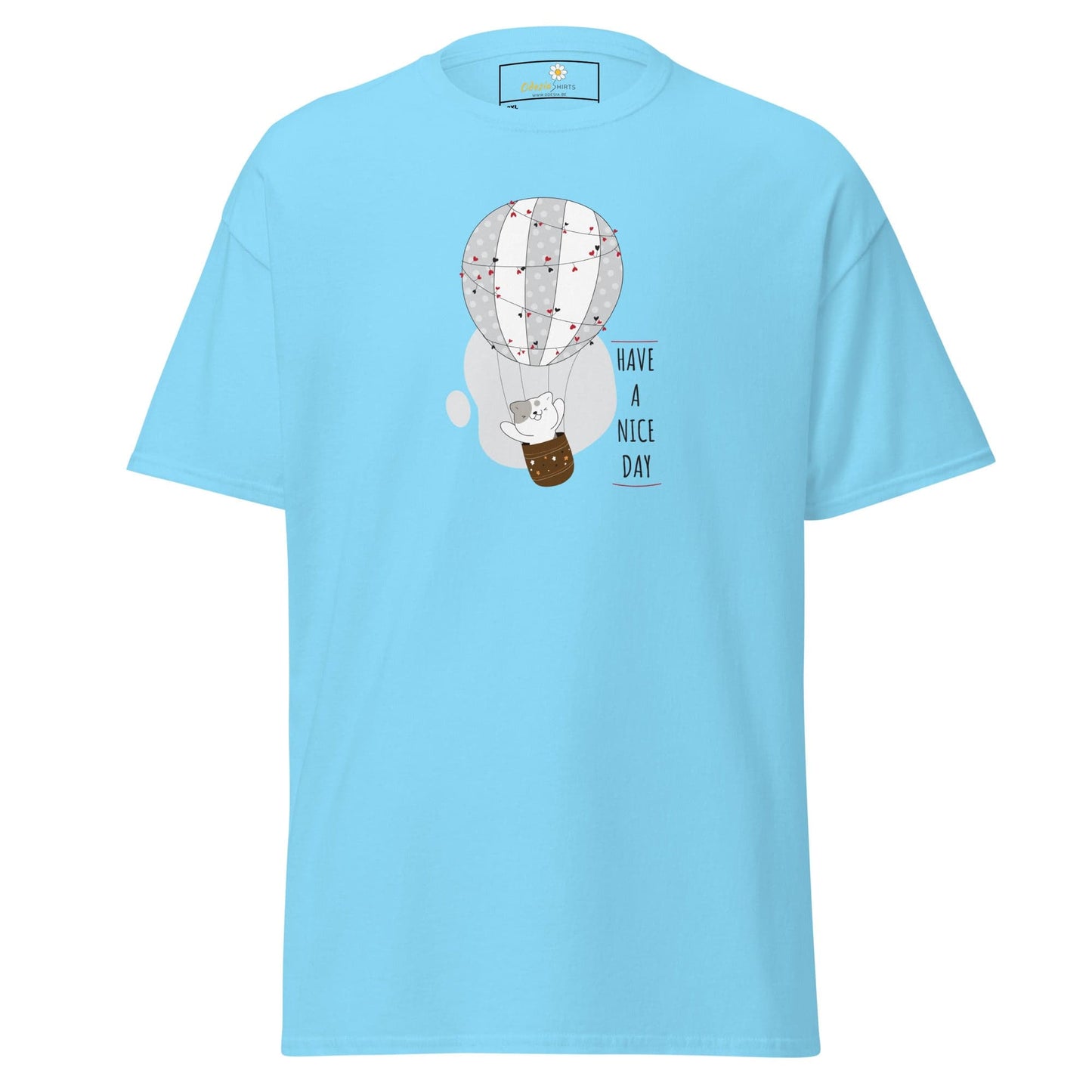 Light blue T-shirt with cartoon hot air balloon design for men and women in plus sizes